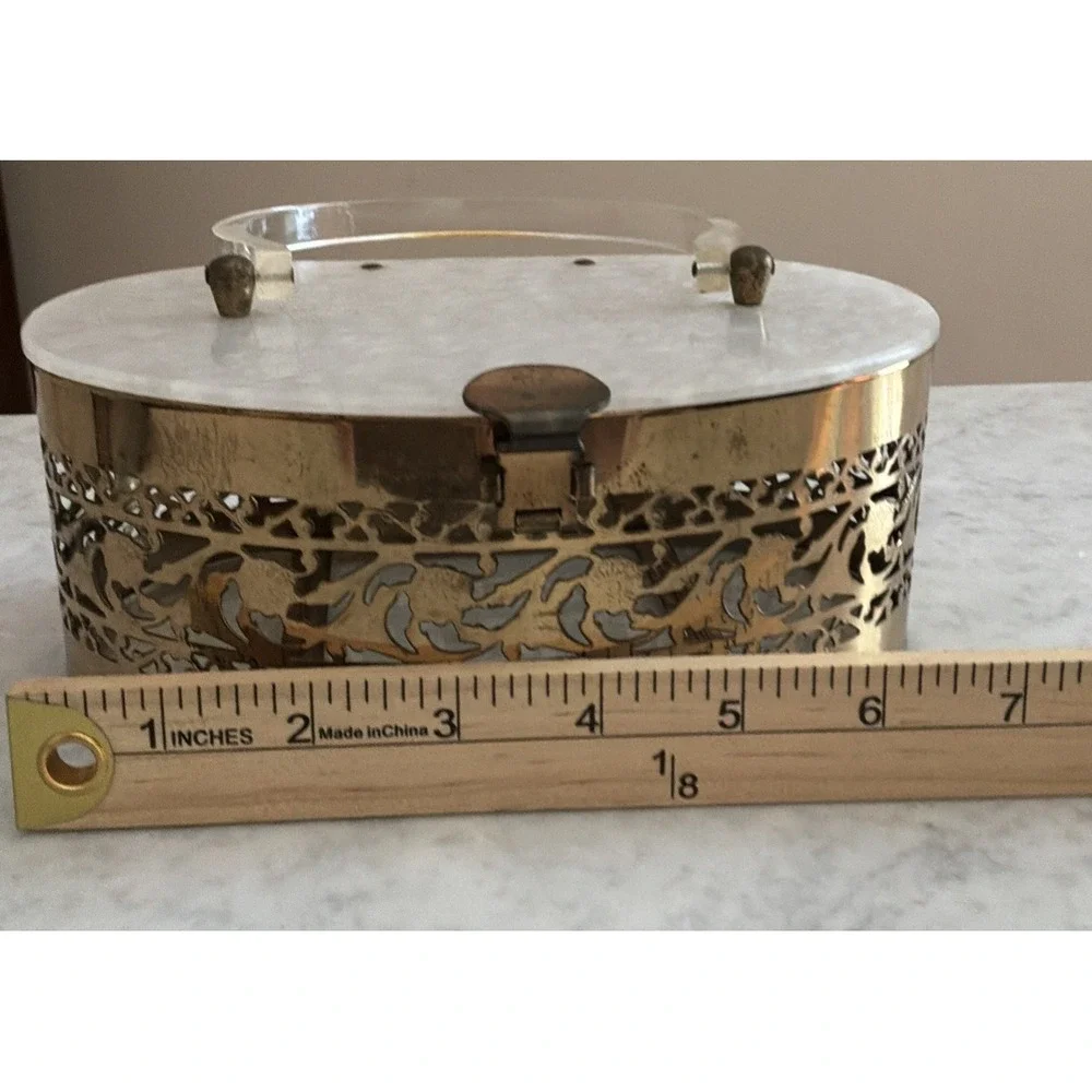 1950's Vntge Pearlescent Lucite/ Gold Tone Metal Filigree Box Top Handle Purse